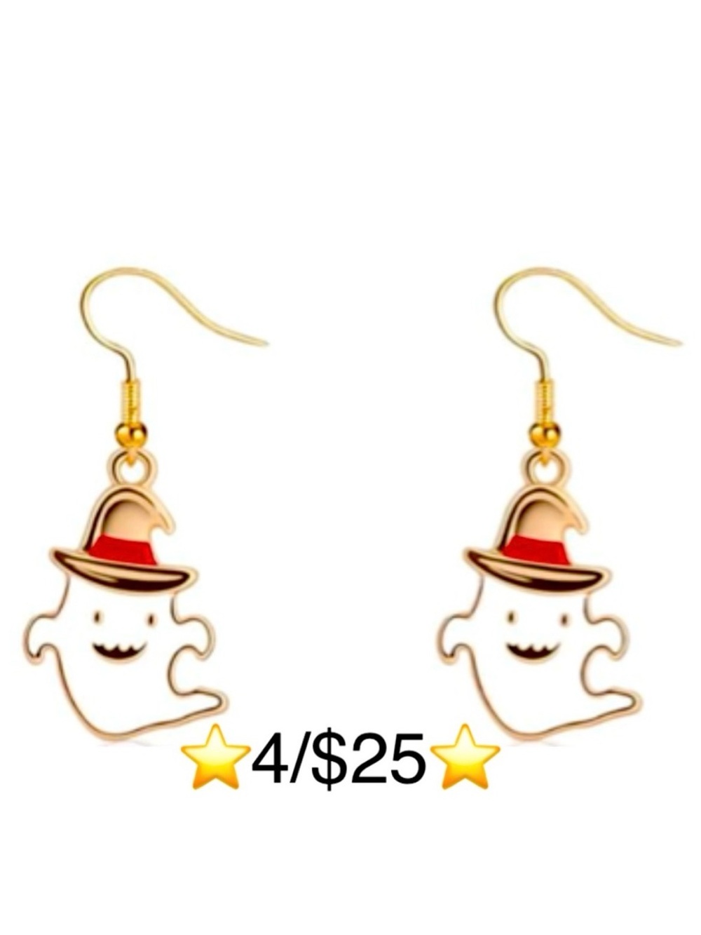 Ghost Witch Earrings Gold Tone Ghost in Witch Hat Dangling Halloween Earrings